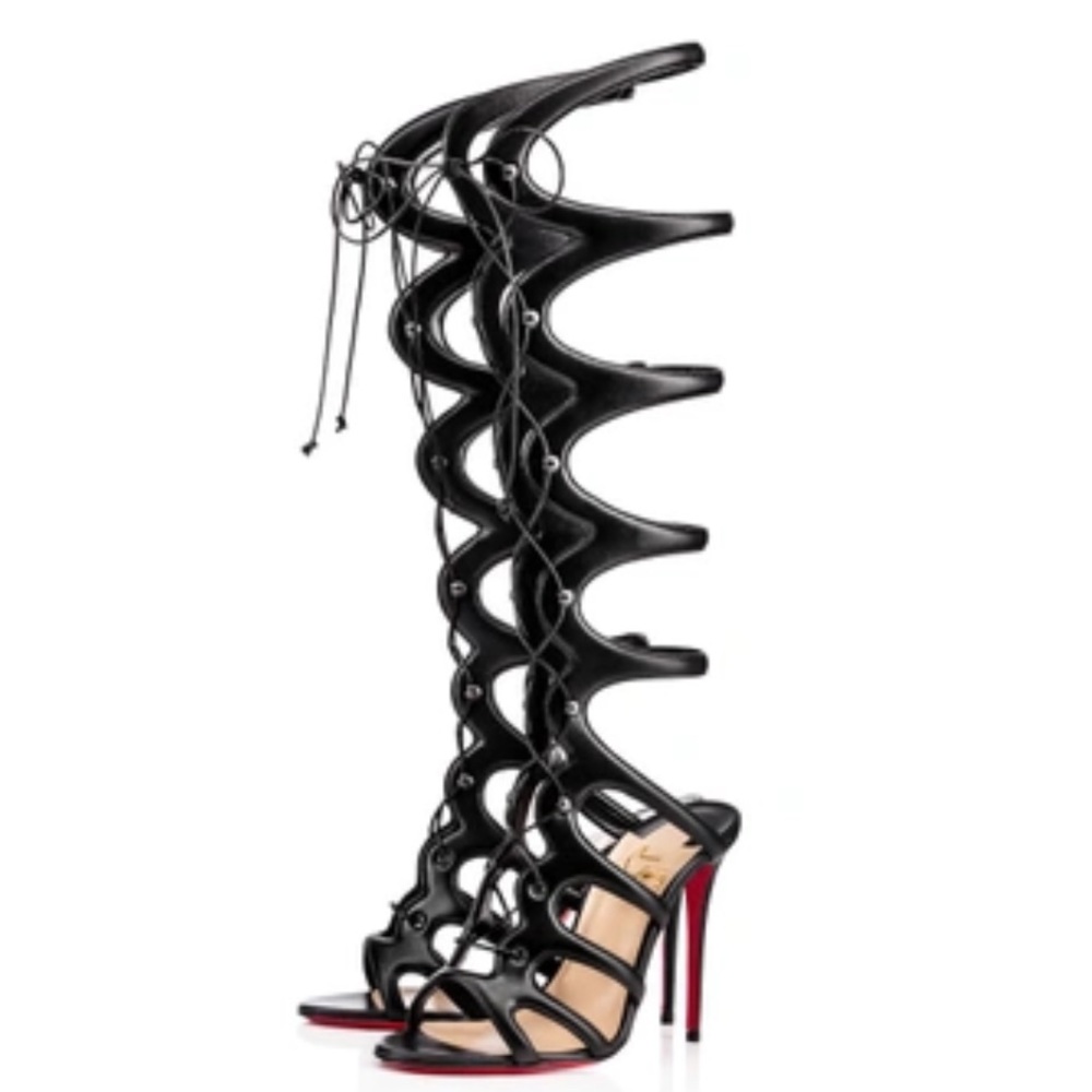 CHRISTIAN LOUBOUTIN AMAZOULA 100MM BLACK LEATHER LACE UP Stiletto Heels Boots